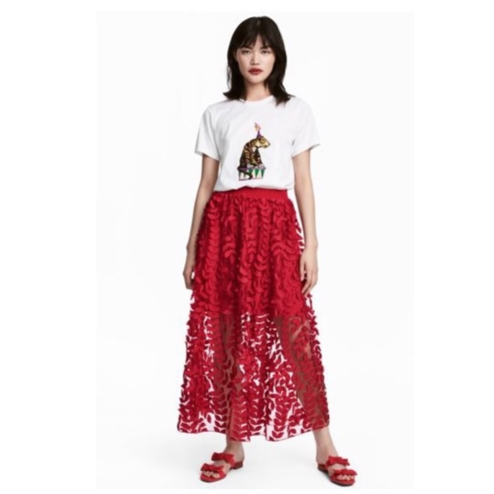 H&M embroidered red midi skirt